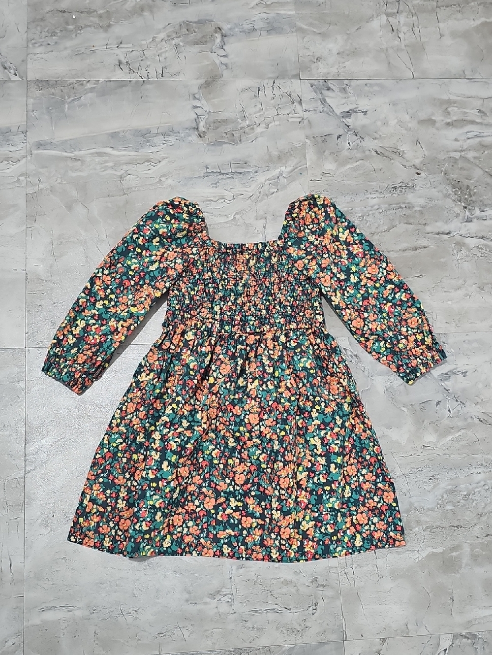Crewcuts Green Floral Smocked Dress with Orange & Yellow Blooms